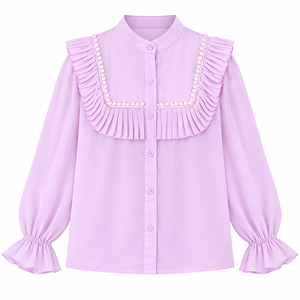 Camisas de Mujer Estilo OEM ODM, Cárdigan con Botones, Cuello Alto con Volantes, Manga Larga, Color Sólido, Blusa, Camisa Casual de Moda - Product Image 1