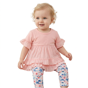 Ensemble décontracté pour filles, grande taille, haut à volants en coton, pantalon fleuri, manches courtes, tenue d'été respirante, 100% coton peigné, écologique - Product Image 6