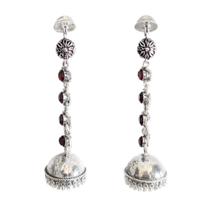 Fashion Dangle <b>Earrings</b> German Silver Long Jumkha with Red Stone Embellishment - Product Image 3