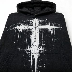 Custom Black <b>White</b> Gothic Drip Cross All Over Print Pullover Hoodie <b>Men's</b> Streetwear Vintage Wash Fleece <b>Sweatshirt</b> OEM - Product Image 4