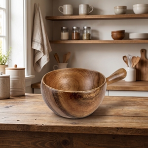 Plato Redondo Pequeño de Madera Suar de Grado Alimenticio con Asa, Color Marrón Claro, Trece Centímetros de Diámetro, Veinte Centímetros de Largo, Decoración Superior - Product Image 3