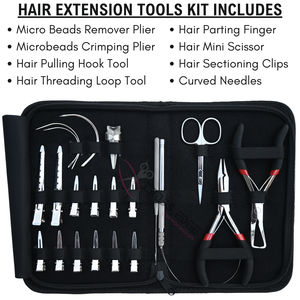 All in One Silver Hair Extension Tool Set with Micro Bead Crimper Bead Remover Pulling <b>Hook</b> Duckbill <b>Clips</b> Curved Sewing Needles - Product Image 2