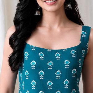Teal Floral Printed <b>Indian</b> Pakistani Set Sleeveless Square Neck Women <b>Top</b> Dress Casual Summer Wear By AARIKA Textile - Product Image 1