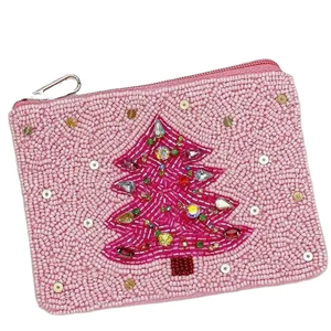 Beaded Christmas Tree Coin <b>Purse</b> Mini Zipper Closure Handmade Unisex Creative Pattern <b>White</b> Pink Red - Product Image 4