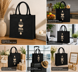 AMANI Geometric Pattern Jute Beach Tote <b>Bag</b> <b>Medium</b> <b>Size</b> Black with Gold Print Hand Length Handle West Bengal Groceries Daily Use - Product Image 6