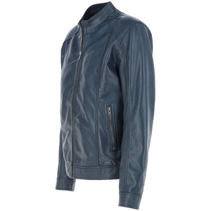 Men's Navy PU Leather Moto Jacket Stand Collar Zipper Closure Slim Fit Autumn Wear - Product Image 5
