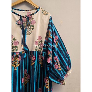 Robe midi bohème à rayures florales avec manches lanternes, col noué, coupe ample, 100% coton tissé, robe décontractée d'été - Product Image 5