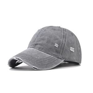 Charcoal <b>Grey</b> Washed Cotton Distressed <b>Baseball</b> <b>Cap</b> Vintage Style Ripped Brim Bows Breathable Waterproof Unisex Adjustable - Product Image 1