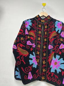 Luxury Black <b>Velvet</b> Suzani Embroidered <b>Jacket</b> with Floral Pattern Full Sleeve Stand Collar Bohemian <b>Women's</b> Autumn Outerwear - Product Image 5
