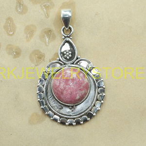 Colgante de Rodonita Rosa Natural Hecho a Mano en Plata de Ley 925, Joyería Boho Vintage, Gema Cabujón Redonda, Regalo para Ella - Product Image 5