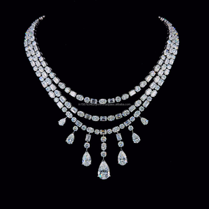 Collar de Novia de Lujo en Oro Blanco de 14K con Diamantes Cultivados en Laboratorio de Corte Redondo y Esmeralda Multicapa, Collares de Moda con Cuentas - Product Image 1