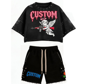 Conjunto de Camiseta y Pantalones Cortos con Serigrafía Personalizada Premium y Pedrería, Estilo Desgastado, Servicio 100% OEM, Estilo Urbano - Product Image 4