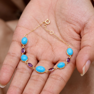 Classic 18k Yellow Gold Chain <b>Bracelet</b> Women Handmade IGI Certified Fine Jewelry Natural Turquoise <b>Amethyst</b> Gemstones Gift - Product Image 2
