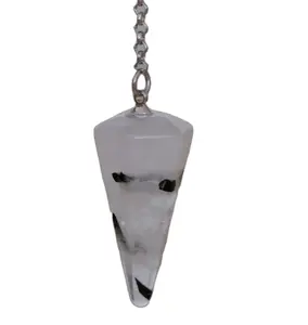 Wholesale Black Rutile Quart Stone Faceted Cone Pendulum Gemstone Dowsing Pendulum Chain Attached Reiki Crystal Healing For Sale