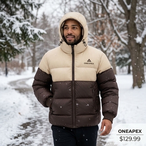 Men's Beige Brown Hooded Puffer Jacket <b>Warm</b> Quilted Winter Outdoor <b>Coat</b> Lightweight <b>Waterproof</b> Jacket One Apex - Product Image 3