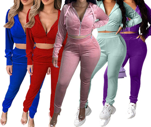 Women's Beige Velvet Hooded Tracksuit Set Full Sleeve <b>Zipper</b> Front Crop <b>Top</b> With Side Pockets Skinny Fit Sweatpants Autumn Wear - Product Image 6