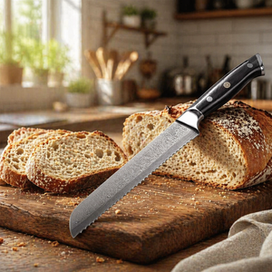 Cuchillo para Pan Ambidestro, Hecho a Mano, Ecológico, Apto para Lavavajillas, en Acero de Damasco, con Mango de Madera y Funda de Cuero - Product Image 1