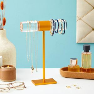 Luxury Gold Metal & Clear Acrylic T <b>Bar</b> Jewelry Stand Necklace Bracelet Organizer Display Holder for Vanity Countertop - Product Image 4