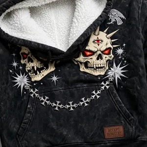 ACCEPT INDUSTRY New <b>Men's</b> Black Acid Wash <b>Sherpa</b> Lined Double Skull Graphic <b>Hoodie</b> Punk Style Oversized Heavyweight Fleece Hoody - Product Image 5