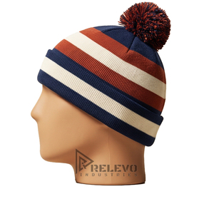 Bonnet à pompon rayé tricolore personnalisé OEM, en acrylique 100% lourd, mélange de laine douce, revers pliable, style vintage, pour le ski et les activités de plein air en hiver - Product Image 4