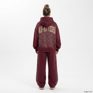 Custom Women <b>Burgundy</b> Rhinestone Hoodie Jogger Set Cotton Fleece Oversized Streetwear Tracksuit Wholesale - Product Image 2
