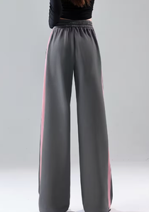 Pantalon de survêtement gris à jambes larges Hardhoodi Interation avec bandes latérales roses, taille élastique, style sportif, pour toutes les saisons - Product Image 2
