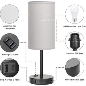 Lampada da Comodino Dimmerabile a 3 Intensità, 17.4 Pollici, Grigia, con Porte USB A + C e Presa AC per Scrivanie - Product Image 4