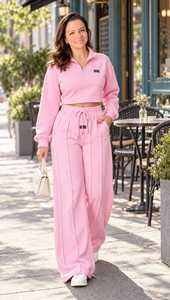 Conjunto deportivo informal de top corto rosa con media cremallera y pantalones anchos con cordón para mujer - Product Image 3