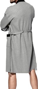 Peignoir en tissu éponge gris pour homme avec bordure noire, manches courtes, robe en coton doux avec poches, vêtement décontracté - Product Image 5