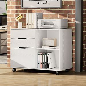 Meuble de rangement roulant à 3 tiroirs avec roulettes, support d'imprimante en bois blanc et étagères de rangement ouvertes pour bureau à domicile - Product Image 5