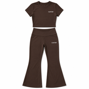 Conjunto de Yoga para Mujer con Logotipo Personalizado, Top Corto de Manga Corta con Cuello Redondo y Leggings Acampanados, 2 Piezas, Ropa Deportiva, Cintura Alta, Fabricante de Conjuntos para Gimnasio - Product Image 3