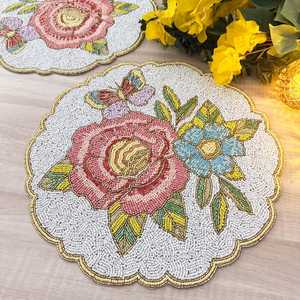 Luxury Handmade Beaded Floral <b>Placemat</b> with Rose and Butterfly Design Eco-Friendly Durable Fabric <b>Table</b> Mat 450mm Diameter - Product Image 2