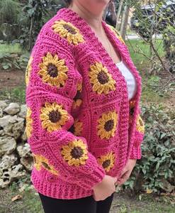 Women's Crocheted Pink Sunflower Cardigan V-Neck Bohemian Style Full Sleeve Spring Floral Knit Sweater - Product Image 3