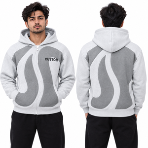 Sweat à capuche zippé personnalisé pour homme, colorblock, avec empiècements en polaire contrastants gris et blanc, style streetwear décontracté, fournisseur ODM USA - Product Image 2