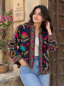 Hand Embroidered Suzani <b>Velvet</b> Bomber Jacket Traditional Floral Bohemian Festival <b>Coat</b> O-Neck Collar Reversible Eco-Friendly - Product Image 5