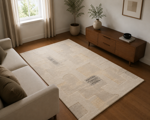 Tapis personnalisé en laine et viscose tufté à la main, à poils bicolores, moderne abstrait beige et or, pour salon, style Japandi, OEM - Product Image 4