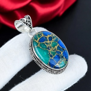 Colgante de mosaico ovalado de cobre verde con piedra, plata de ley 925, chapado en plata, hecho a mano, de alta calidad, con engaste de bisel, joyería para mujer - Product Image 2