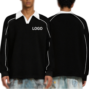 เสื้อโปโลแขนยาวปักโลโก้แบบกำหนดเอง แต่งขอบตัดสีสไตล์วินเทจ คอวี ทรงรักบี้ เสื้อสเวตเชิ้ตสไตล์ลำลอง สตรีทแวร์ ทรงหลวม - Product Image 4