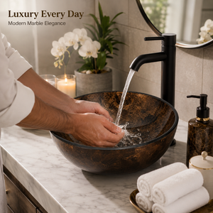 Handcrafted Marble Finish Copper Vessel Wash <b>Basin</b> <b>Round</b> Luxury Countertop Bathroom Sink Designer <b>Basin</b> for Home Hotel Villa - Product Image 2