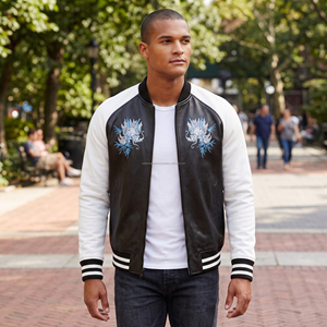 Chaqueta Varsity de Cuero Vacuno y Lana con Cremallera Frontal y Bordado de Dragón Personalizado para Invierno, Venta al por Mayor B2B, Ropa de Calle Premium, OEM - Product Image 6