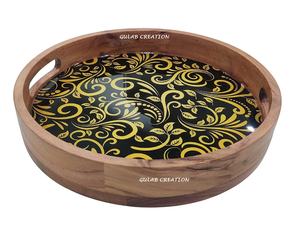 Bandeja de servicio de madera de Acacia hecha a mano, diseño de estampado Floral, plato rústico multifuncional para decoración del hogar, exhibición de aperitivos - Product Image 2