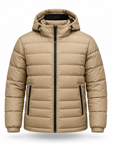 Chaqueta Acolchada con Capucha para Hombre, Color Beige, Impermeable, Cortavientos, Informal, con Cierre, Relleno de Poliéster, Largo Regular, Color Sólido, Personalizable - Product Image 1