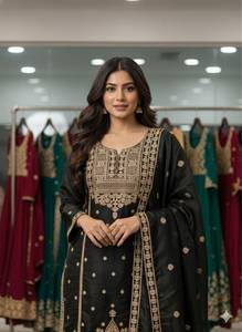Conjunto de Traje Sharara de Seda Negra con Bordado Zari Dorado, Salwar Kameez para Bodas Indias y Pakistaníes, Atuendo Femenino de Secado Rápido - Product Image 3
