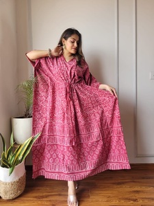 Pink <b>Floral</b> Printed Cotton Maxi Dress V-Neck A-Line Wrap <b>Tie</b> Natural Waist Summer Modest Gown Front Logo - Product Image 2