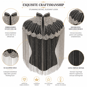 Cape de luxe moderne ornée de paillettes argentées et de perles, à franges, pour femme, couvre-épaules orné de style A-line, idéal pour les fêtes, les spectacles et les tenues de mode. - Product Image 6