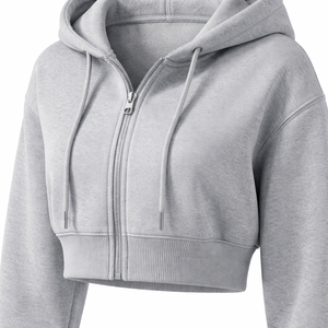 Wholesale Custom Grey <b>Cropped</b> <b>Zip</b> <b>Up</b> Hoodie for Women - OEM Manufacturer & Factory Direct Supplier - Product Image 4