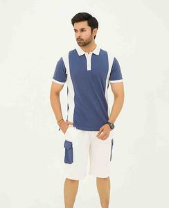 Hot Selling Men's Blue White Solid Streetwear Polo T-Shirt <b>Set</b> Casual Summer Cotton OEM Breathable Short Sleeve Pocket Digital - Product Image 1