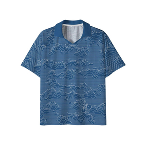 Men's Blue V-Neck Short Sleeve Tennis Shirt With Wave Pattern Moisture Wicking <b>Polyester</b> Regular Fit All Seasons Wear - Product Image 1