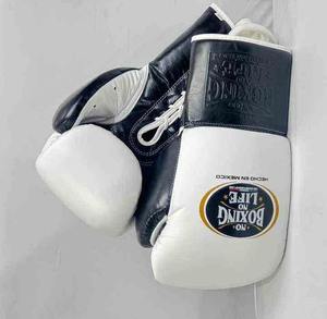 No Boxing No Life Guantes de Boxeo Profesionales de Cuero - Blanco y Azul Oscuro con Cordones, Equipo de Combate Profesional - Product Image 3