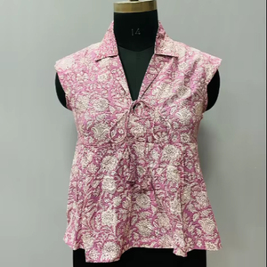 Custom Made Women's Casual Block Printed Cotton <b>Spaghetti</b> <b>Strap</b> V-neck Breathable Eco-Friendly Blouse - Product Image 1